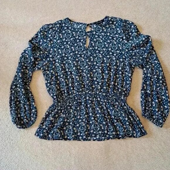 Banana Republic Floral Long Sleeve Elastic Waist Peplum Top Blue Blouse M - Picture 12 of 12